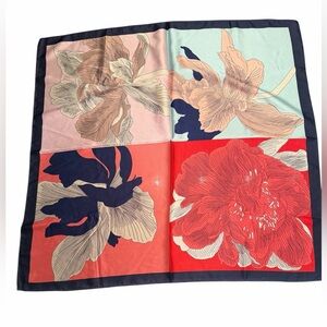 🌺Colorful Floral Print Silk Scarf in Navy, Red, Pink, Mint tones. 23” square